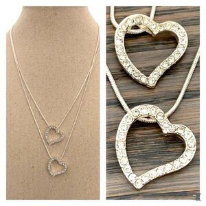 2 Heart Pendant Necklace Set - Rhodium Plated with Swarovski Crystals